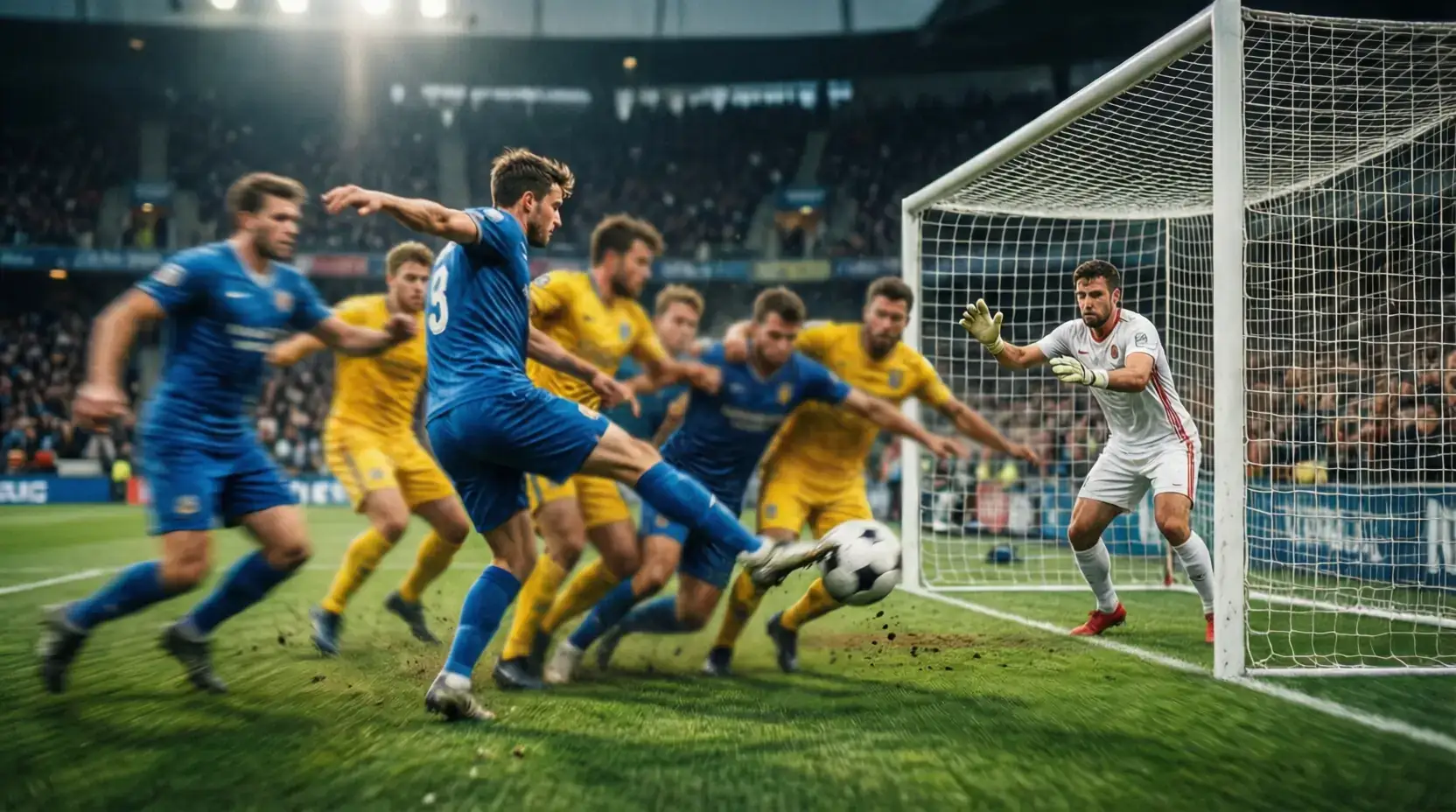 Twee voetbalteams in duel met aanvallende actie