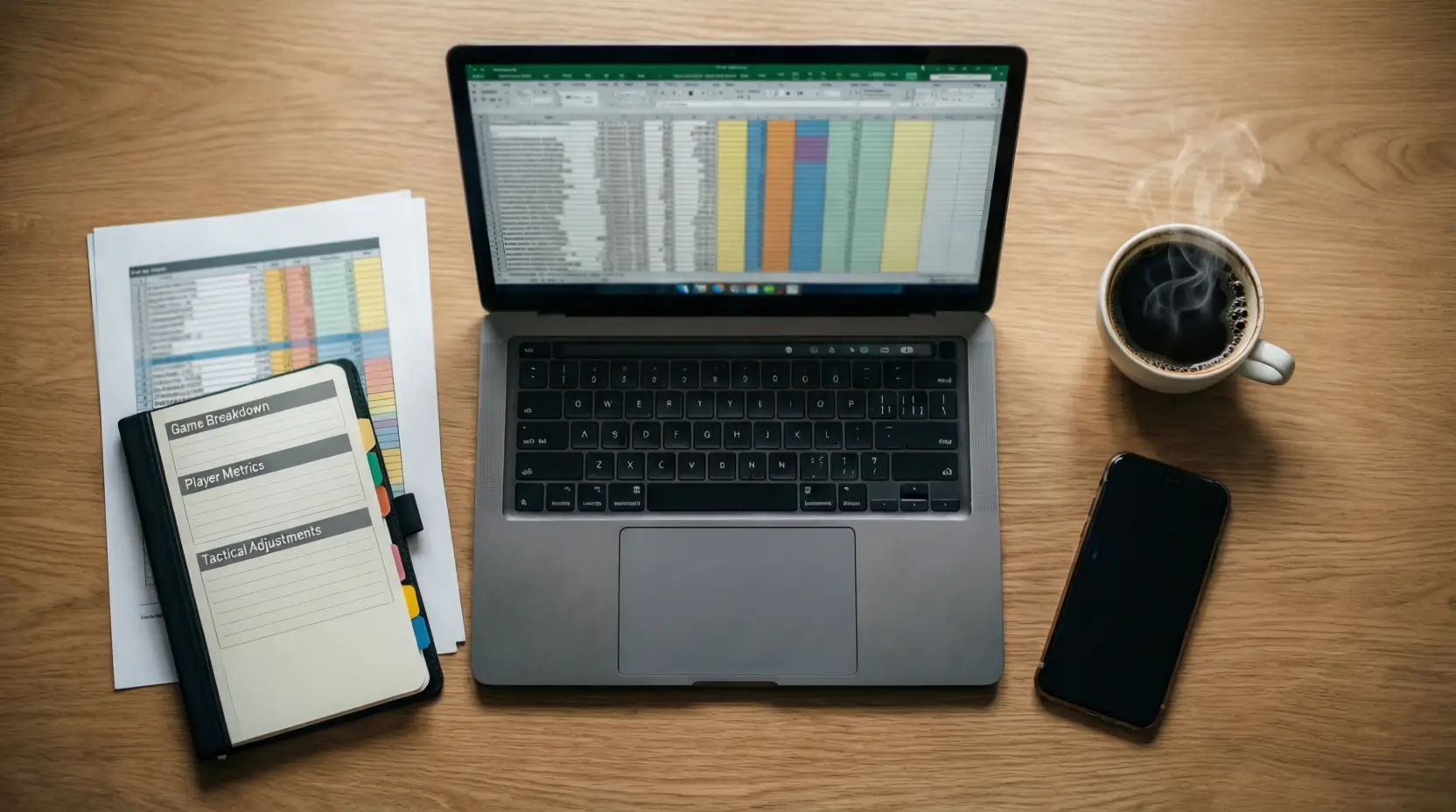 Werkplek met computer en spreadsheet voor wedanalyse