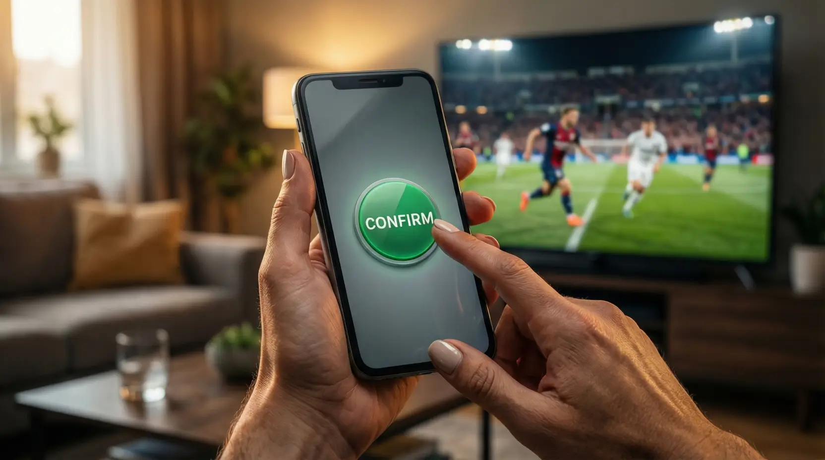 Hand houdt smartphone met weddenschap interface tijdens voetbalwedstrijd