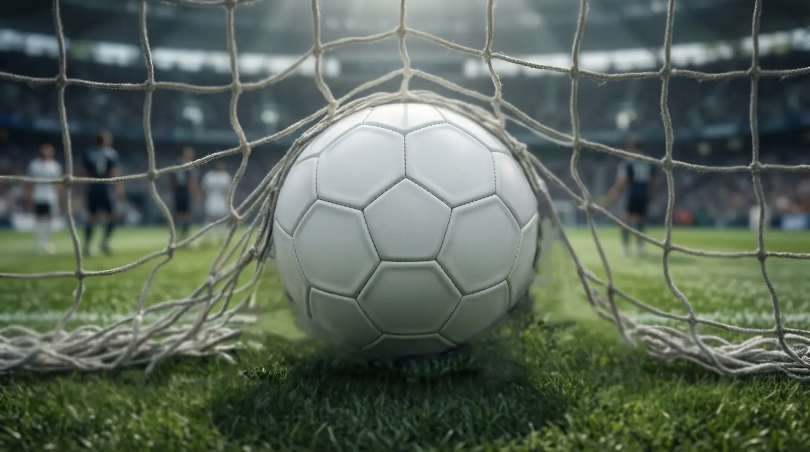 Voetbal in het net na een doelpunt gezien vanaf achter het doel