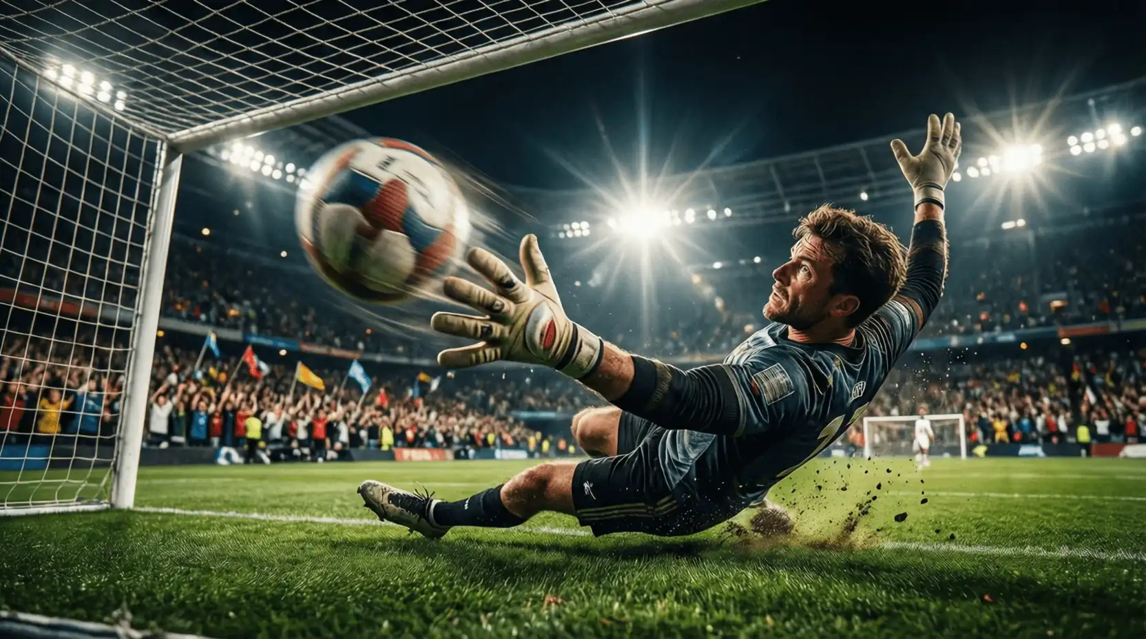 Voetballer scoort doelpunt met keeper en net in beeld