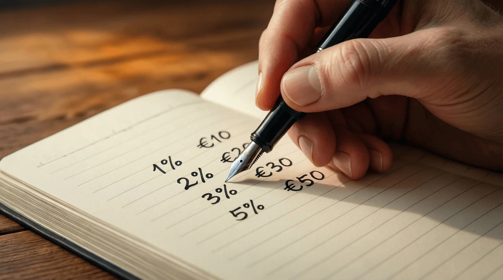 Hand schrijft percentages en inzetbedragen in logboek