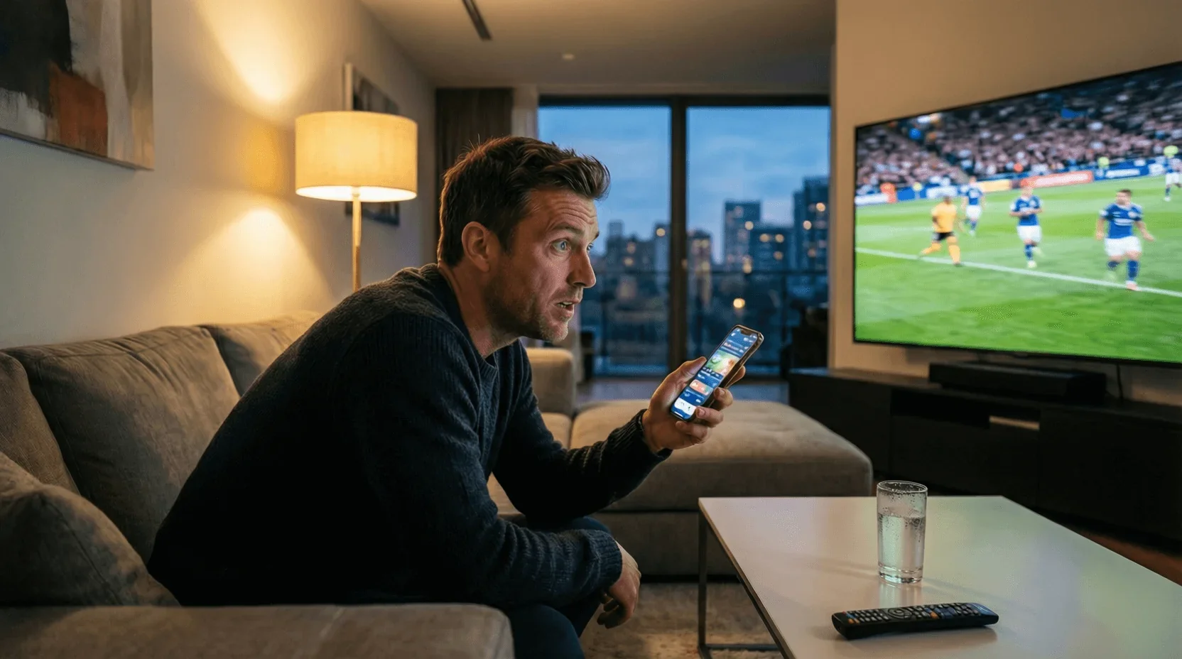 Supporter kijkt voetbalwedstrijd op televisie met smartphone in hand