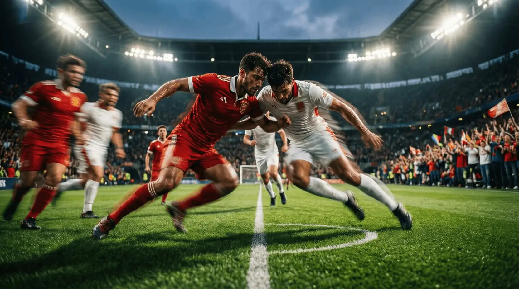 Voetbalwedstrijd in actie met dynamische spelscène onder stadionlichten