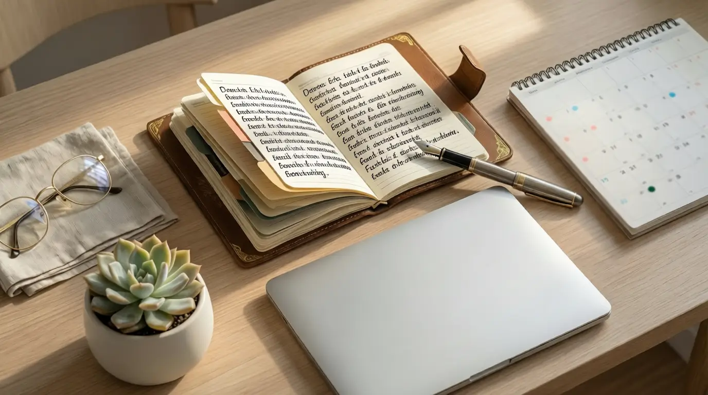 Georganiseerde werkplek met logboek en planning