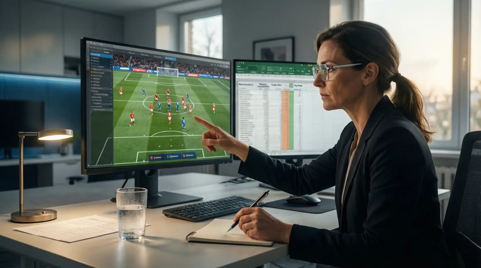 Analist bestudeert voetbalwedstrijd op meerdere schermen