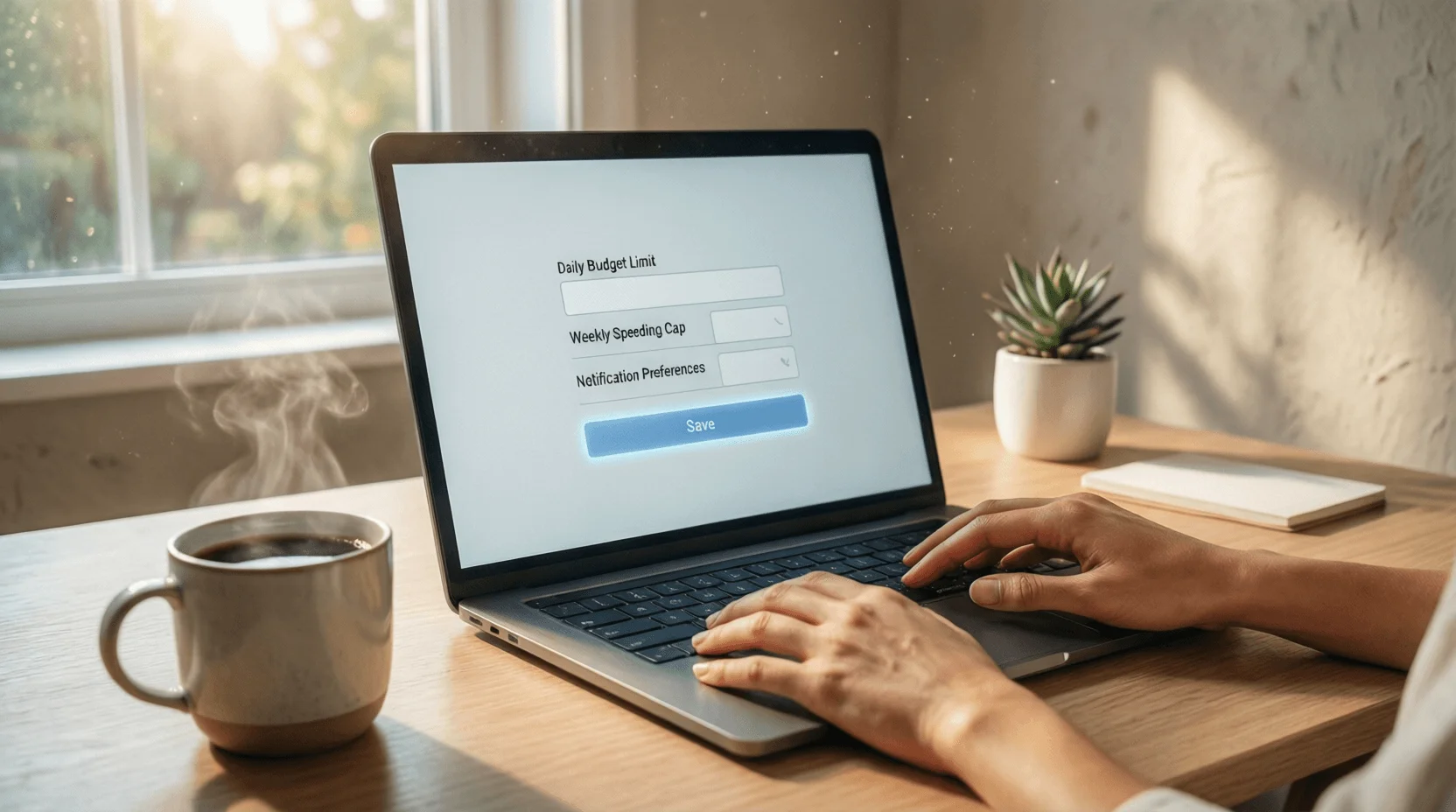 Persoon stelt budget in op laptop met rustige houding