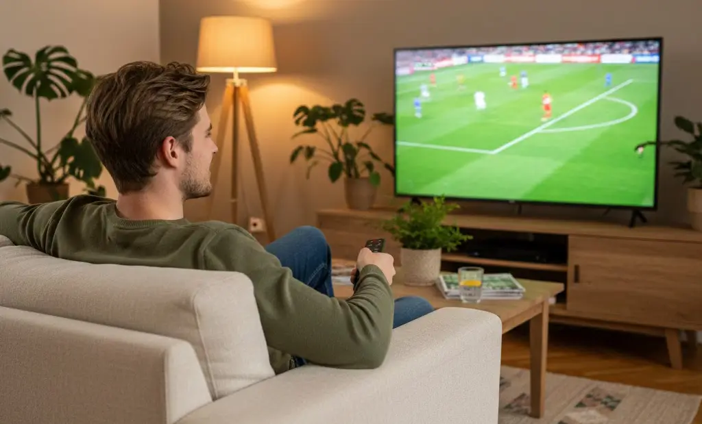 Persoon kijkt naar voetbalwedstrijd met interesse